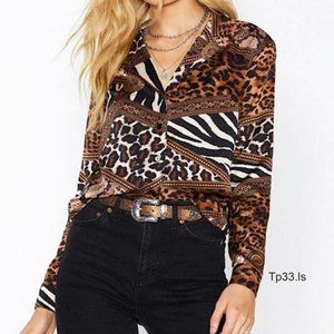 VIONNI Brown Black White Animal Print Blouse L-Sleeve Spread Collar Button Front